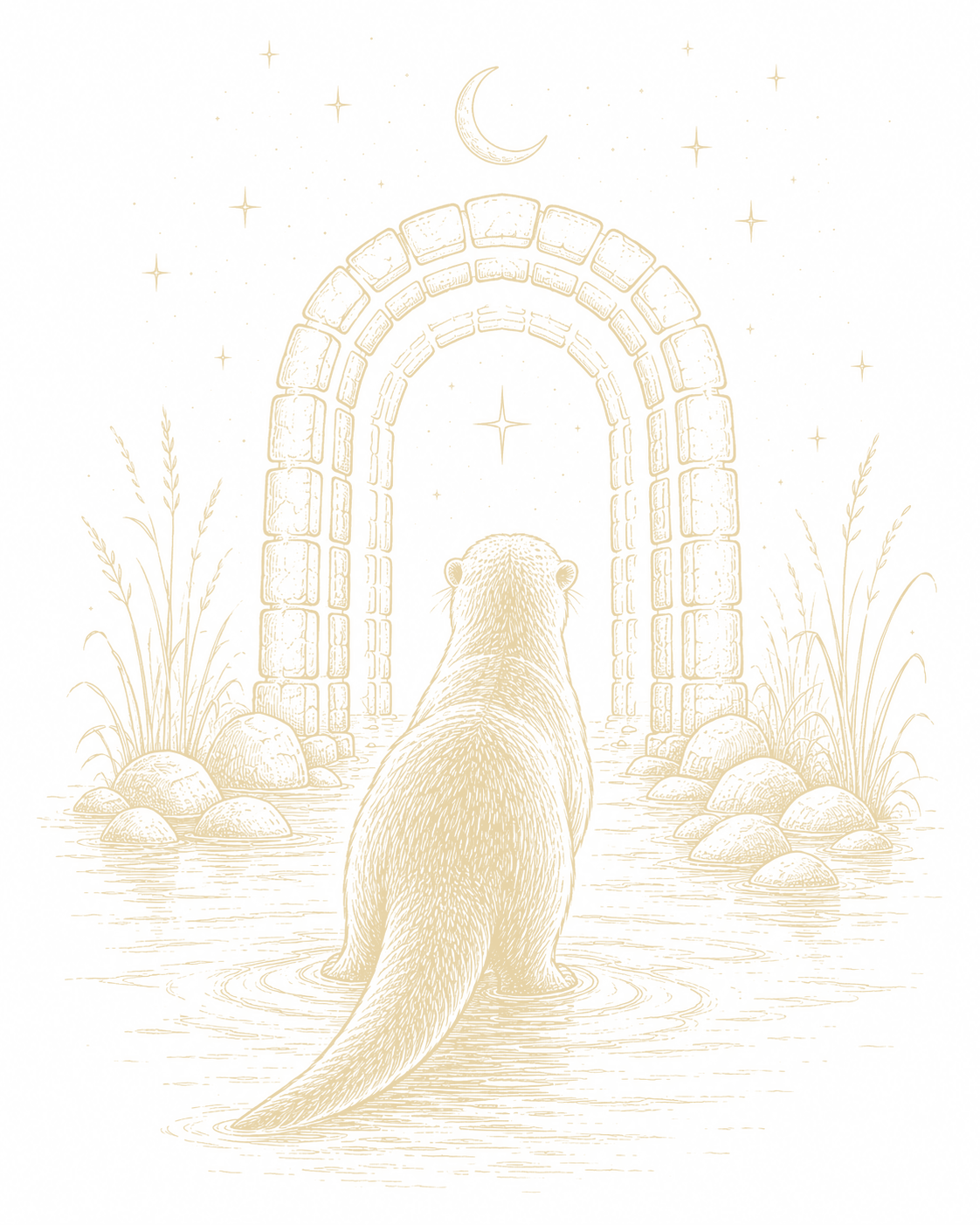 An otter crossing a moonlit river toward an ancient stone arch